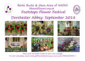 This poster advertises cards that can be purchased which are photographs of the Footsteps Flower Festival which was held at Dorchester Abbey in September 2018. 